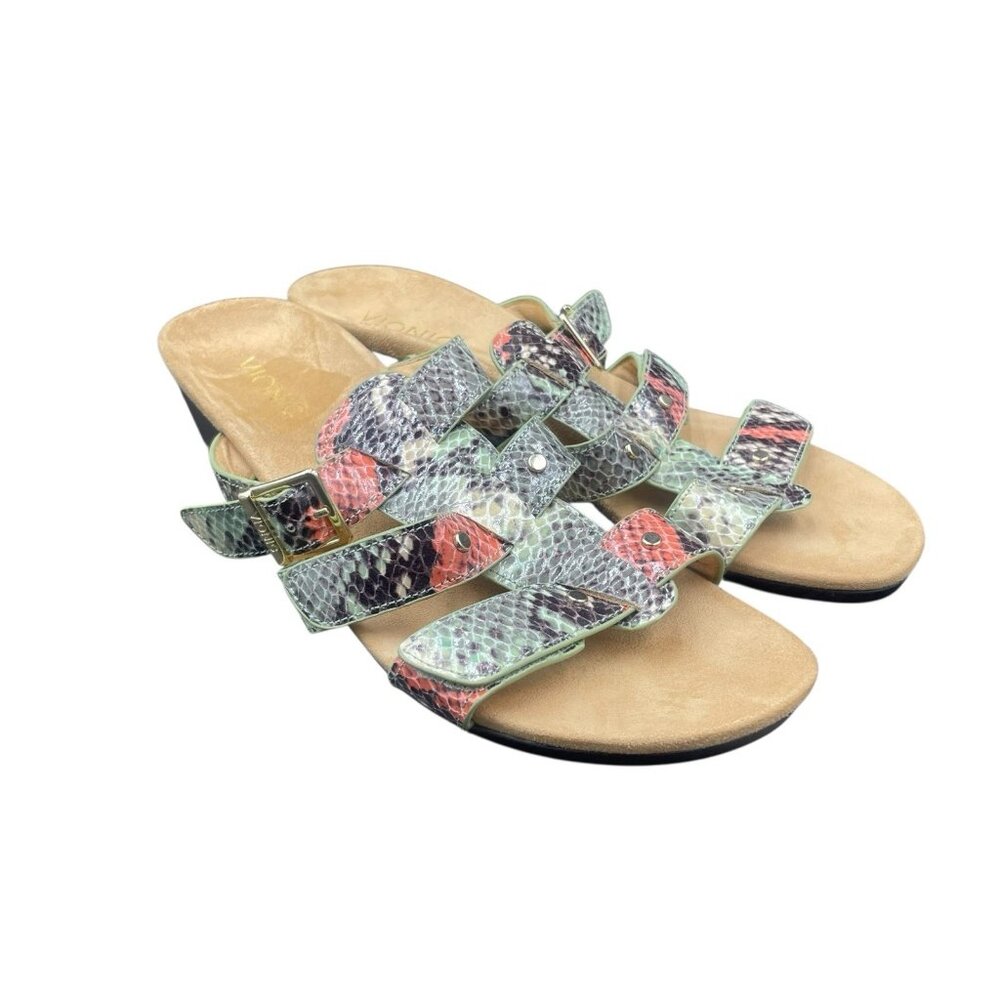 Vionic Radia Sandals Womens 9 Orthoheel 3 Strap Slide Wedge Snake Print Leather